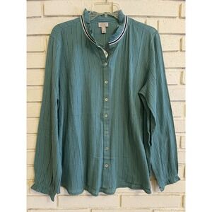 LOGO Lori Goldstein Sz Medium Woven Gauzy Cotton Blouse w/Ruffle Collar Teal NEW